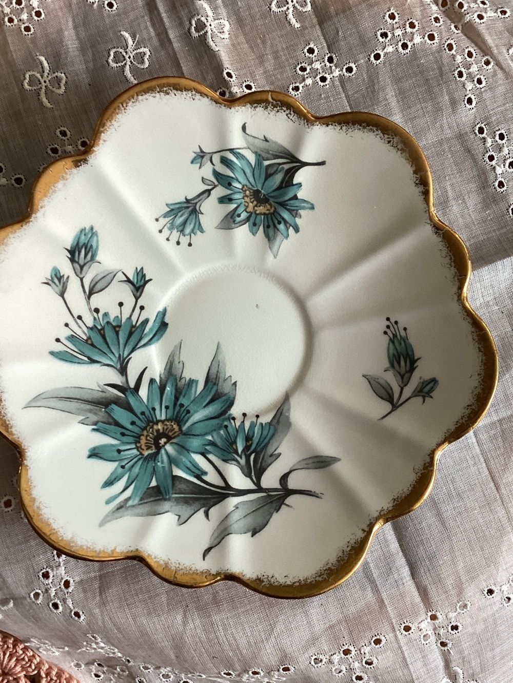 Scalloped Saucer with Teal Floral Motif and Gold Rim